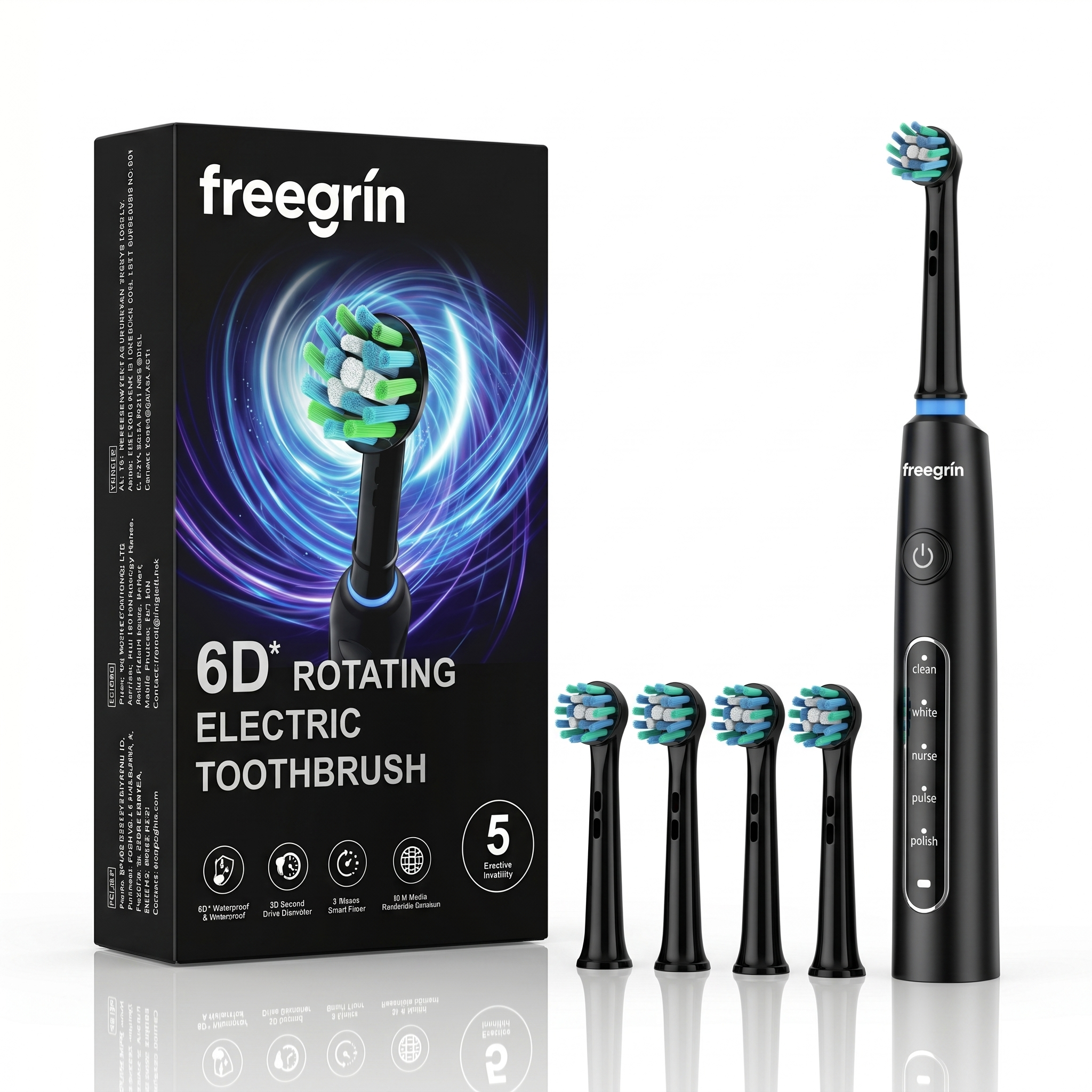 Black 6D Rotating Toothbrush: 5 Modes, Smart Timer & IP67 Waterproof